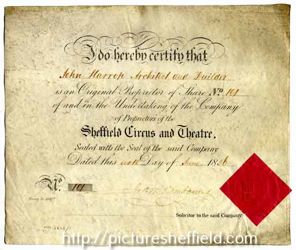 Share certificate of John Harrop, architect and builder, in the Sheffield Circus and Theatre Company