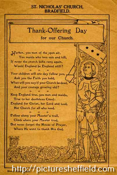 Cover of programme for thank-offering day for St. Nicholas' Parish Church, Bradfield