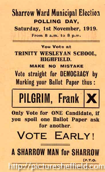 Vote for Frank Pilgrim, National Democratic Party candidate for Sharrow Ward in the municipal elections