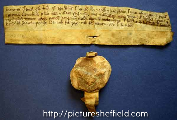 Foundation charter (front view) of St. Leonard's Hospital, Sheffield - William de Lovetot to the sick of Sheffield. Land next to the Don bridge and corrody from the mill of Sheffield [i.e. an allowance of flour], for ever, c. 1160