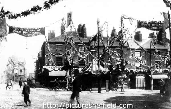 Visit of Queen Victoria, decorations in Barker's Pool looking towards Holly Street, note the 'Iron Man' public lavatory
