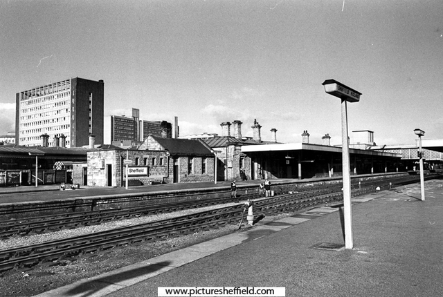 Platform 6 looking across to platform 5, Sheffield Midland railway station, Sheaf Street  with Sheaf House in the background