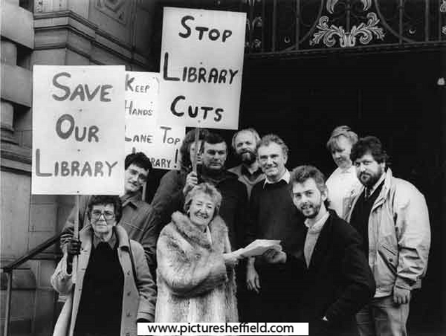 Handing in of petition and protest at the Town Hall against the closure of Lane Top Library