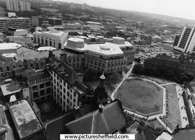 View of the Peace Gardens and Town Hall Extension  (known as the Egg Box (Eggbox)) from the top of the Town Hall