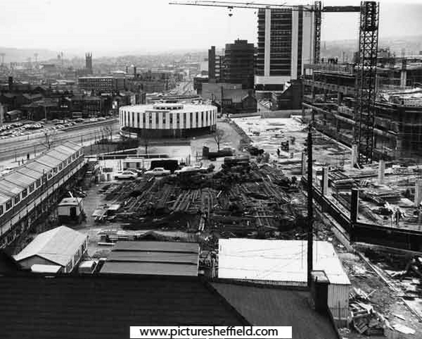 Construction of Town Hall extension (known as the Egg Box (Eggbox)) showing Register Office and Redvers House (below crane)