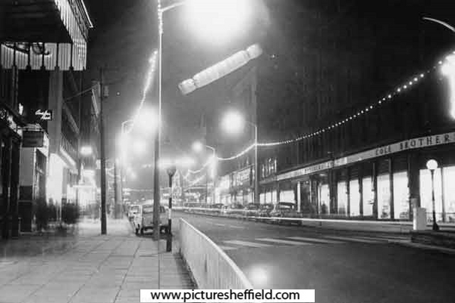 Christmas illuminations, Fargate showing Cole Brothers Ltd. original store and Proctors Ltd., house furnishers
