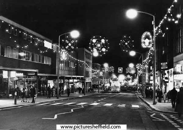 Christmas illuminations, Pinstone Street looking down The Moor