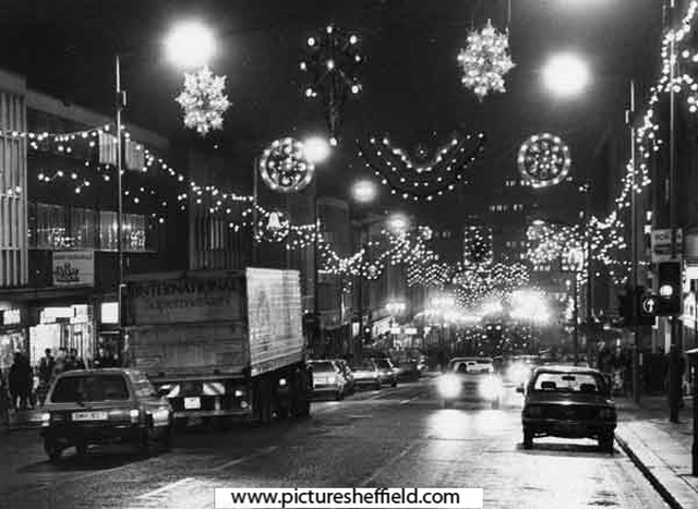 Christmas illuminations, Pinstone Street looking down The Moor