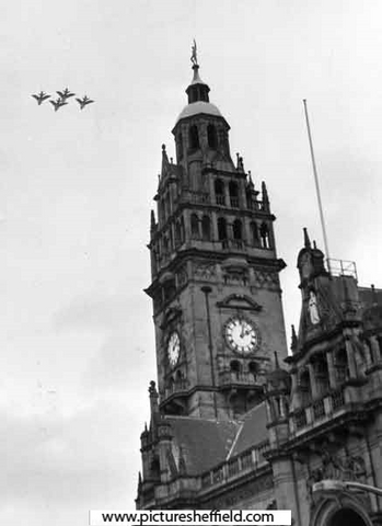 RAF fly past the Town Hall at the Lord Mayor's Parade, Pinstone Street 