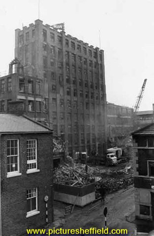 Demolition of Walker and Hall Ltd, Electro Works, Eyre Street; taken from junction of Cadman Lane and Surrey Street