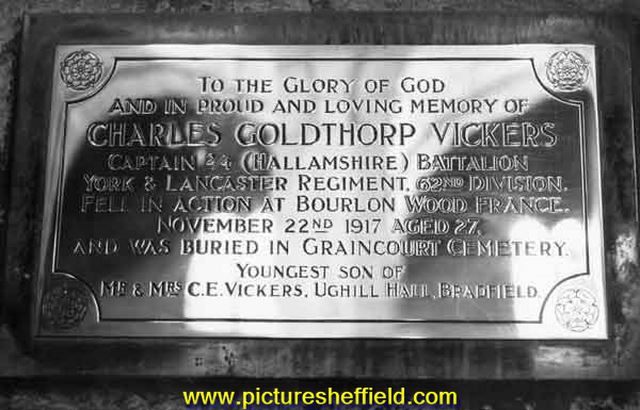 Memorial to Charles Goldthorpe Vickers in St. Nicholas Church, High Bradfield