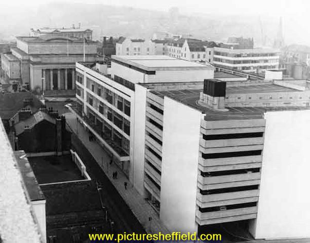 View from the Grosvenor House Hotel showing the City Hall, Barkers Pool and Cole Brothers (latterly John Lewis) on Cambridge Street side 