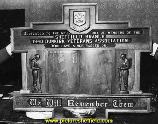 Commemorative plaque to Sheffield Dunkirk Veterans Association in Sheffield Cathedral