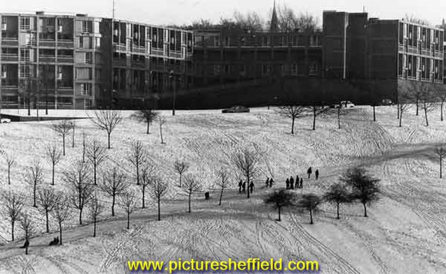 Park Hill flats during snow