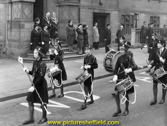 Girls Brigade marching past the Town Hall on Surrey Street showing the Lord Mayor, Alderman Lionel Stephen Edward Farris and the Lady Mayoress, Mrs. Lily Graham