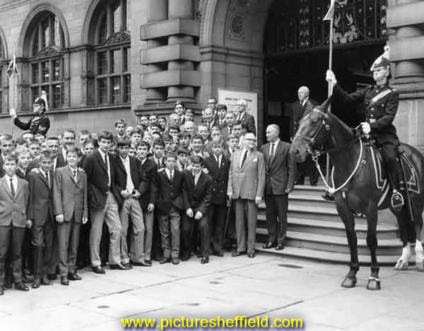 Football World Cup 1966: Swiss and West German visitors at the Town Hall, showing mounted policemen