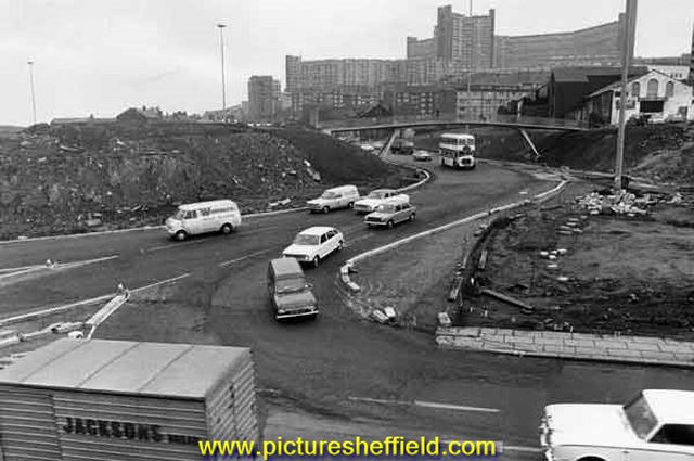 Sheaf Street / Commercial Street (latterly known as Park Square) roundabout under construction (Park Hill flats in background)
