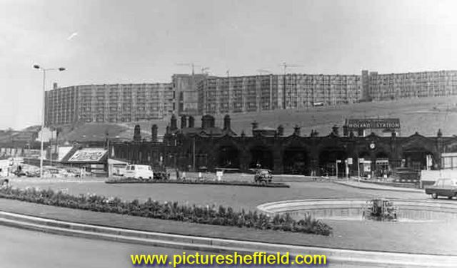 Sheffield Midland railway station from Sheaf Square with Park Hill flats in the background