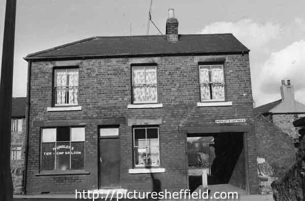 Pashley's Cottages, No.22 Sheffield Road, Woodhouse showing Hunsley's Fish and Chip Saloon (left)