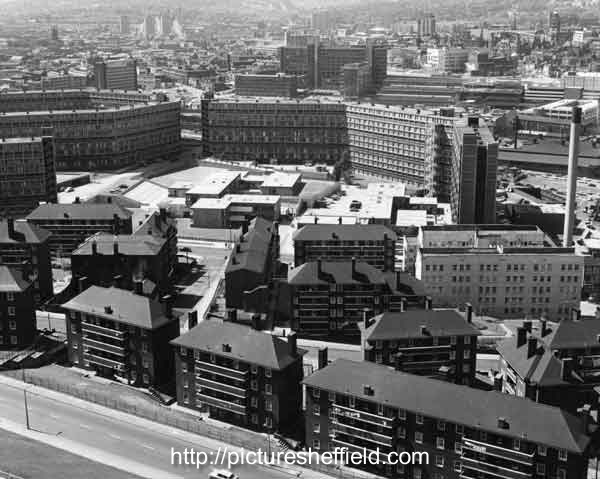 Aerial view of Bard Street flats, Park showing Hyde Park Flats and the City Centre in the background