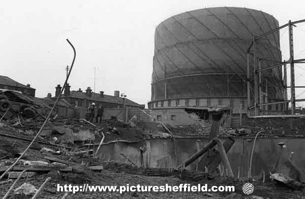 Officials inspecting the damage at the Gas works explosion, Effingham Street Gas Works, Nunnery