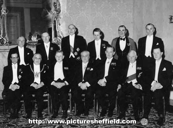 Principal guests at the Cutlers Feast, Cutlers Hall, Church Street, showing (front row, second left) Alderman Alfred Vernon Wolstenholme, Lord Mayor and (front row, third left) Quintin Hogg, 2nd Viscount Hailsham, Lord President of the Council