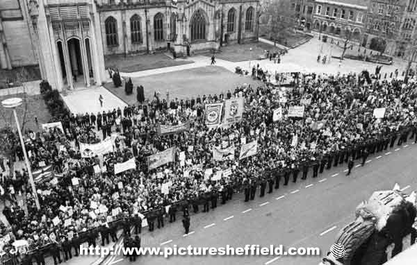 Demonstration against Margaret Thatcher outside the Cutlers Feast, Cutlers Hall, Church Street,1983 showing Sheffield Cathedral (left and centre)