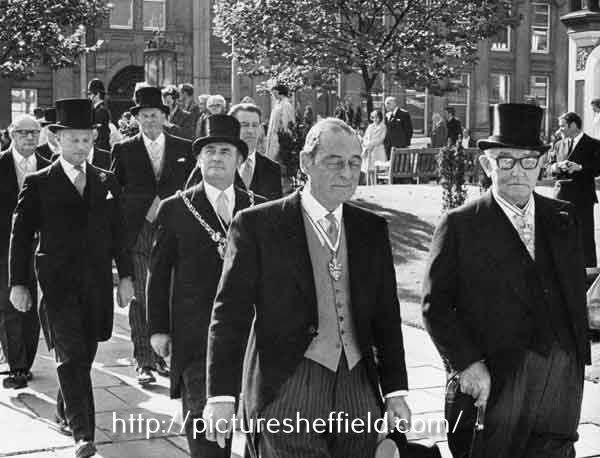Procession to the Cathedral for the installation of Arnold Carr as the new Master Cutler showing Lord Mayor, Alderman Harold Hebblethwaite JP, (third right)