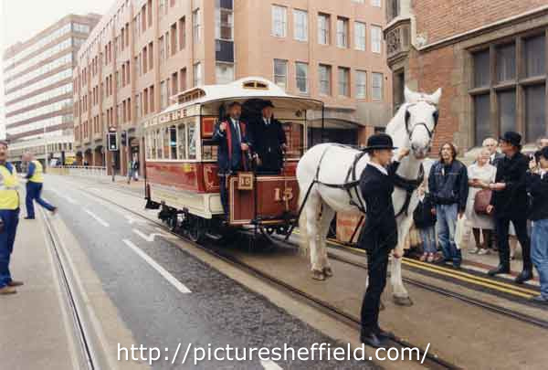 Horse tram No.15, Sheffield's first tram, seen here on Church Street 
