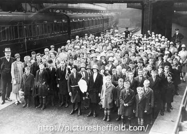 Departure of a party of Fulwood Cottage Homes children at the Sheffield Midland railway station