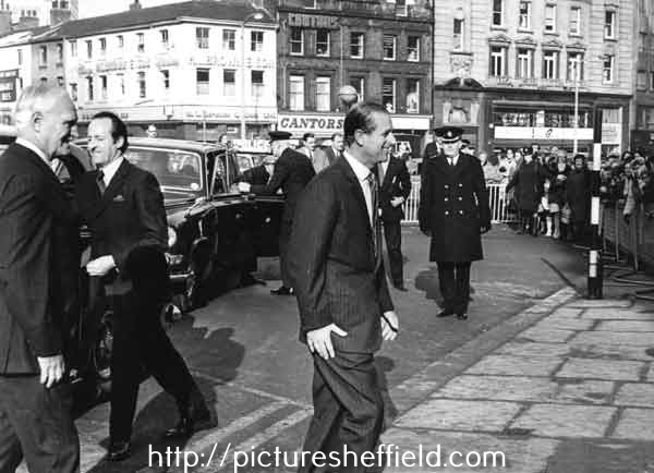 Prince Philip's visit to Sheffield. Arriving at the Town Hall, Pinstone Street