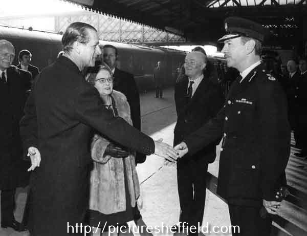 Prince Phillip arriving at the Sheffield Midland railway station for his visit to Sheffield