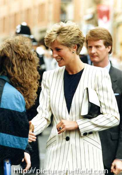 Diana, Princess of Wales meeting crowds outside the Cutler's Hall, Church Street