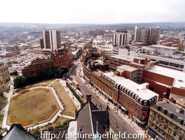 View of City Centre from Town Hall showing (centre) Pinstone Street, (left) Peace Gardens and Redvers House, (top centre) The Moor and (top right) Telephone House