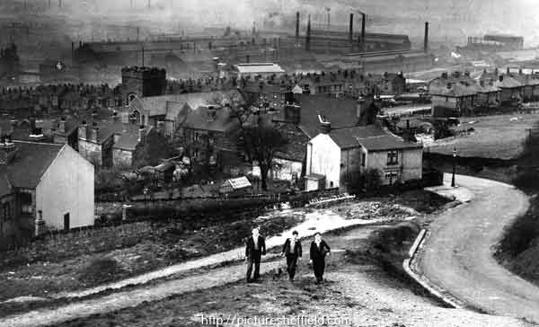 View over Wincobank and Brightside from (right) Jenkin Road showing (foreground, left of gas lamp) Tipton Street (left) St. Margaret's C.of E. Church, Brightside and (background) English Steel Corporation's River Don Works, Brightside Lane