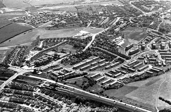 Aerial view of Woodhouse showing (bottom left) Woodhouse Station (left) Station Road, (bottom) Retford Road and (centre) the Badger Housing Estate