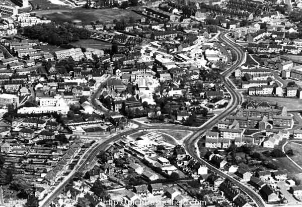 Aerial view of Woodhouse showing (left) Stradbroke Road, (right) Sheffield Road and Tannery Street and (centre) Tannery Lodge Old People's Home