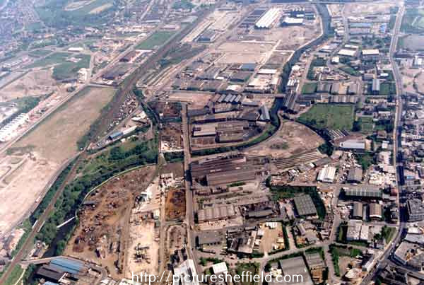 Aerial view of Lower Don Valley showing (right) Attercliffe Road and (centre) Carlisle Street and Carlisle Street East