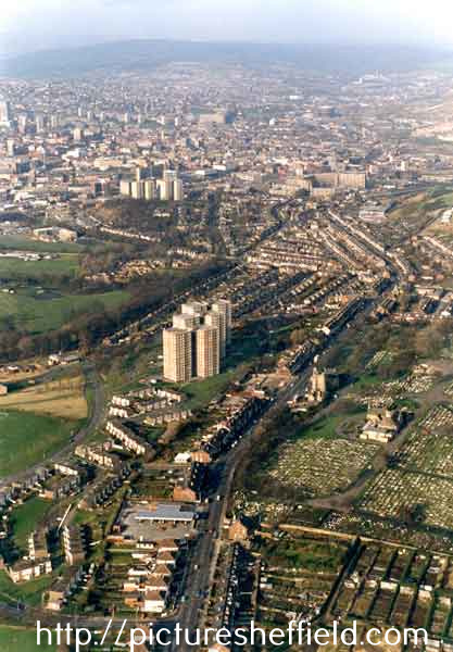 Aerial view of City Road looking towards the City Centre showing (centre left) Norfolk Park Flats and (right) City Road Cemetery and Crematorium