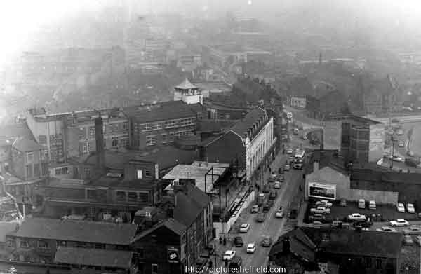 View from Lansdowne Flats of (centre) Cemetery Road looking towards (top Centre) The Moor showing (centre) the Cemetery Road frontage of the Sheffield and Ecclseall Co-operative Society department storeof 