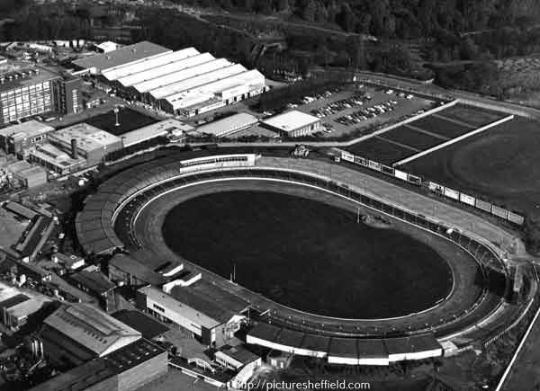 Aerial view of the Sheffield Sports Stadium (latterly Owlerton Stadium and Owlerton Greyhound Stadium), Penistone Road, Owlerton showing (left) George Bassett and Co. Ltd., confectionary manufacturers
