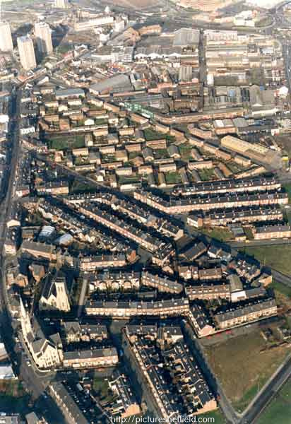 View of Highfield showing (left) London Road, (top left) Lansdowne Flats, (centre) Alderson Road, (top centre) Hill Street and (bottom left) Trinity Wesleyan Methodist Church