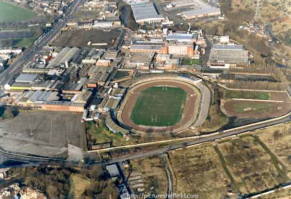 View of Sheffield Sports Stadium (latterly Owlerton Stadium and Owlerton Greyhound Stadium), Penistone Road, Owlerton showing (bottom) Livesey Street and (top) George Bassett and Co. Ltd., confectionary manufacturers 
