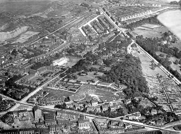 Park and Norfolk Park showing (centre) Cholera Monument and Memorial Gardens, off Norfolk Road (foreground) Shrewsbury Road and (right) Granville Road and Norfolk Park