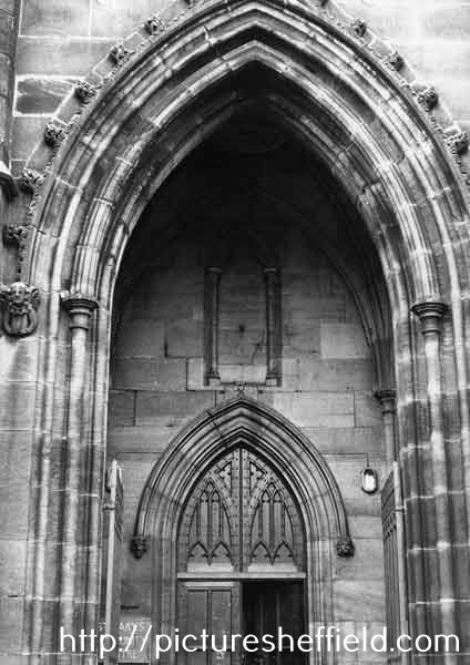 Carved stonework on entrance to St. Mary's C. of E. Church, Bramall Lane