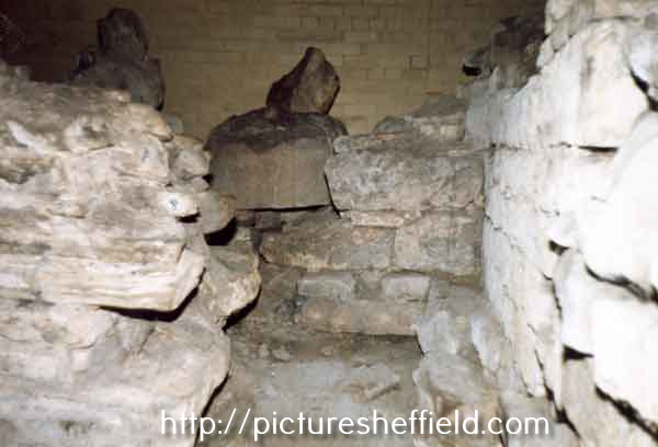 Sheffield Castle remains - view facing south. Base of a Norman pillar in centre