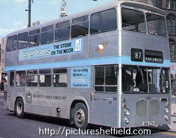 South Yorkshire Transport double decker bus No.271 painted silver for the Queen Elizabeth II Silver Jubilee with an advertisement for Debenhams, department store