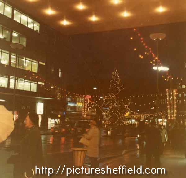 Christmas lights in Barkers Pool looking towards Town Hall Square, c.1972