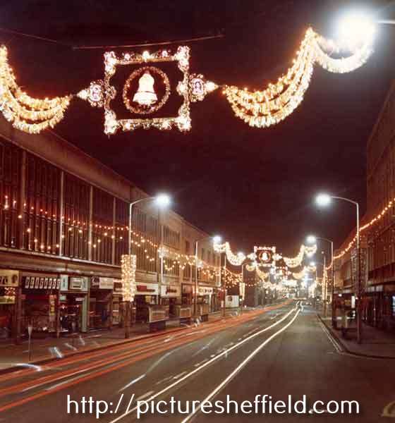 Christmas lights on The Moor showing (left) No.91 Blaskeys, wallpaper dealers and No.93 Greenwoods Menswear Ltd.