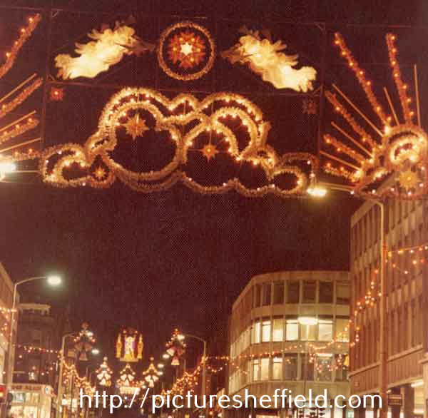 Christmas lights on The Moor looking towards Pinstone Street